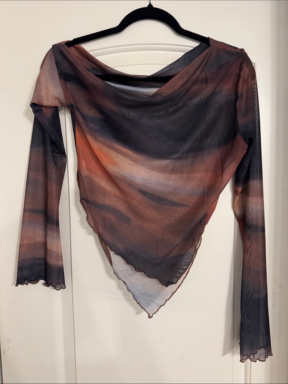 SHEIN Sheer Draped Mesh Scarf-Hem Long Sleeve Top in Black and Brown